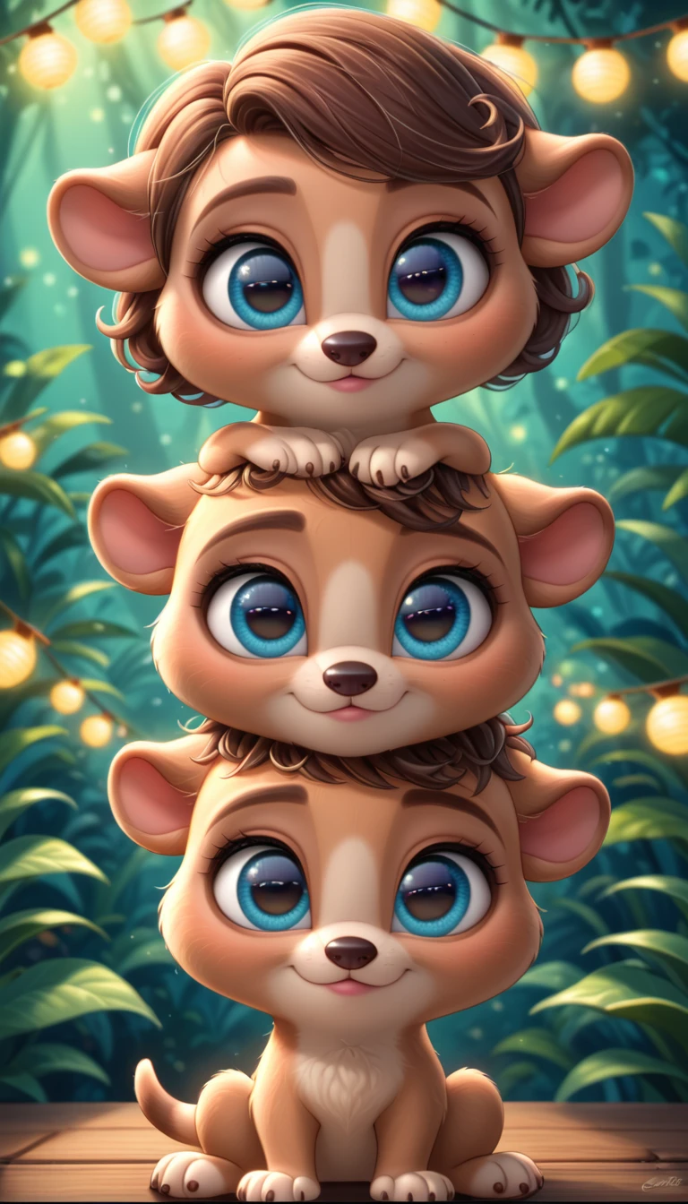 diminuto adorable suricata cub puppy, big eyes cartoon puppy, dulce cara puppy, defocused jungle background, full puppy meerkat body, thumbnail, centered, movie lights, by pixar, meerkat posture cub, soft shadows, sweet traits, adorable puppy big eyes, childish traits, soft velvet hair, fantasy