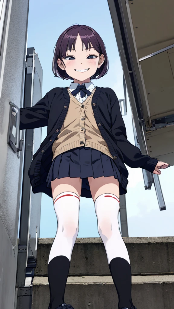 1girl,6yo,(petite),outdoor,uniform,cardigans,miniskirt,looking viewer,(smirk),thighhighs,shoes,(((From below)))