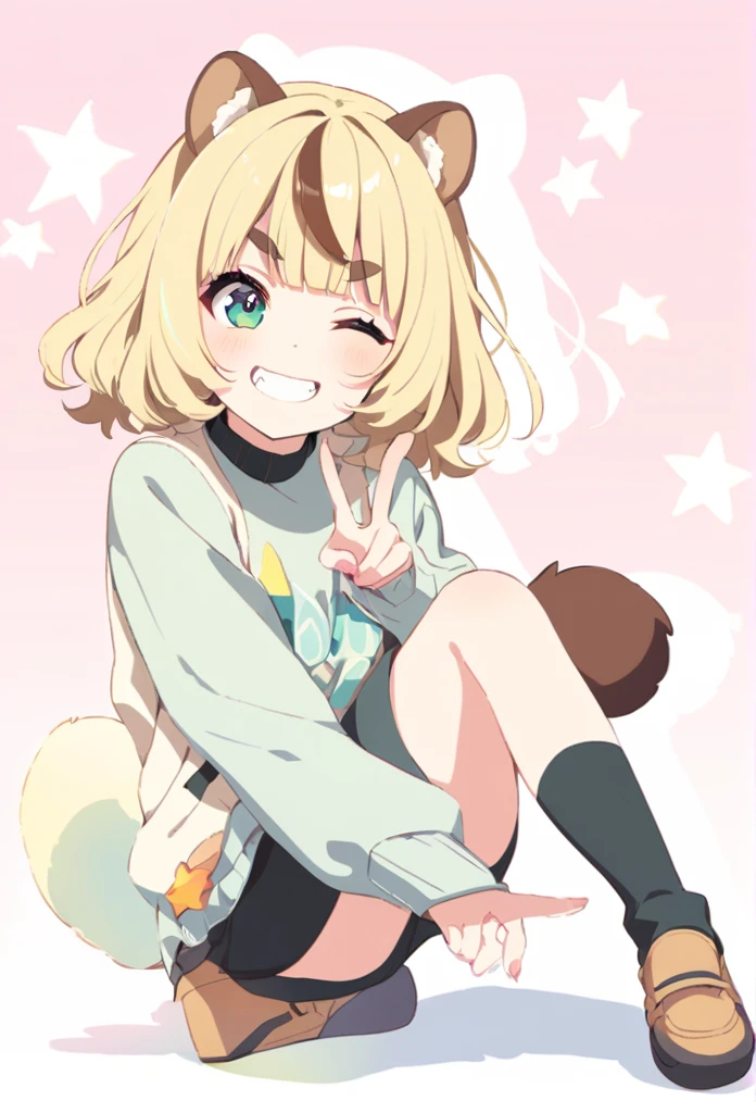 anime,(pale colors:1.8),long shot, 1girl, solo, (on right:1.3), full body, solo, grin, smile, closed one eye, dynamic angle, squating, v, fang, light yellow hair, racoon ears, racoon tail, (brown streaked hair:1.3), side braid, (blunt bangs), wavy hair,thick eyebrows, bikini, shortpants, cutout, (star background), 