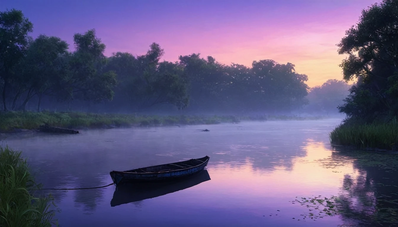 Create a digital artwork of a tranquil yet eerie riverbank at dusk. The scene should depict the serene beauty of the river, with the water reflecting the soft colors of the fading sunset. The surroundings should include dense, shadowy trees and overgrown vegetation, adding a touch of mystery. The sky should be painted in hues of orange and purple, with the light slowly dimming. Include subtle elements like mist rising from the water, faint shadows, and an old, abandoned boat or dilapidated dock to enhance the eerie yet peaceful atmosphere of the riverbank at dusk