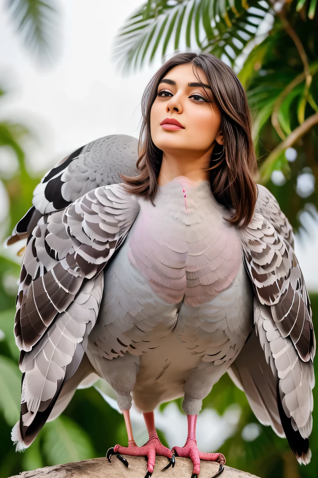 Hansika Motwani is a pigeon bird, She is a bird but her head looks like girl, from neck to full body looks like pigeon bird. Pigeon legs, pigeon wings. Bird body, pigeon body, perfect picture, perfect bird, real bird, Real head replace with real pigeon head. Exact Bird .