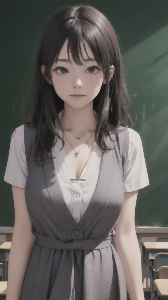 (Highly detailed CG Unity 8k wallpaper)、(masterpiece)、(Highest quality)、(Super detailed)、(Best illustrations)、(Best Shadow)、Ultra-high resolution、(Real、Photorealistic:1.2)、(Beautiful student teacher:1.4)、Dark brown long hair、(Large Breasts:1.2)、(School classroom:1.4)、(Nogizaka-style fashion:1.4)、(Cute Necklace:1.2)、Puffy eyes、(Stand at the podium with the blackboard behind you:1.2)、(Close-up)、High contrast light、Upper Body