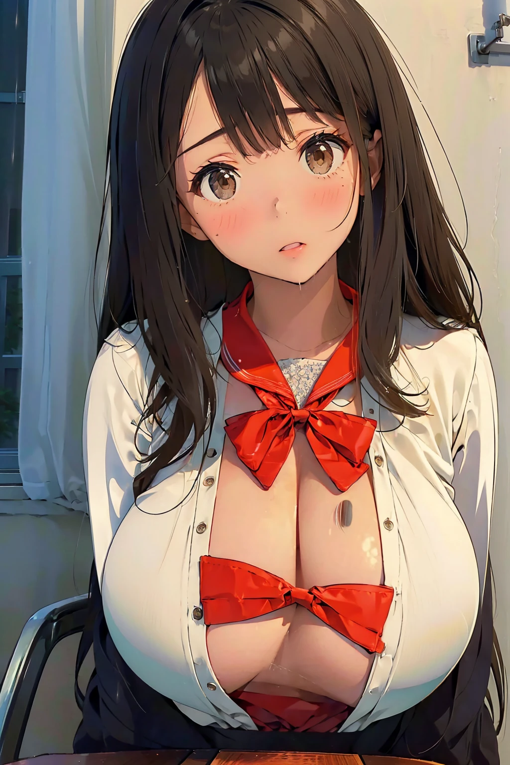 (masterpiece:1.6),(best quality:1.6), (ultra high res1.2),perfect proportion,(dark hair:1), ( black hair:1), (black eyes:1.1),(beautiful Busty breasts:1.2), (beautiful girl:1.4),a girl,(medium bob hair:1.2),a sexy mole around the mouth,open mouth,(aroused:1.3), (embarrassed:1.3), blush,(beige V Neck Sweater:1.1),(school uniform1),a red Checked bow tie, (upper body shot:1.1), rainの中, ((レトロな駅でrain宿り)), ((rain)), Wearing a raincoat,