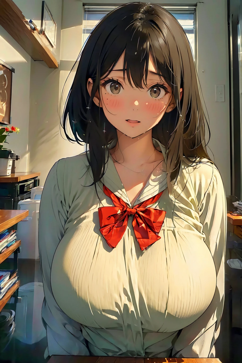 (masterpiece:1.6),(best quality:1.6), (ultra high res1.2),perfect proportion,(dark hair:1), ( black hair:1), (black eyes:1.1),(beautiful Busty breasts:1.5), (beautiful girl:1.4),18age, a girl,a beautiful girl, (medium bob hair:1.2),a sexy mole around the mouth,open mouth,(aroused:1.3), (embarrassed:1.3), blush, (Raincoat:1.1), (Sheer uniform), Black Bra, (school uniform, see-through shirt), a red Checked bow tie, (upper body shot:1.1),Morning school hours, ((rain, rain降り:1.3)), Raincoatを着て,