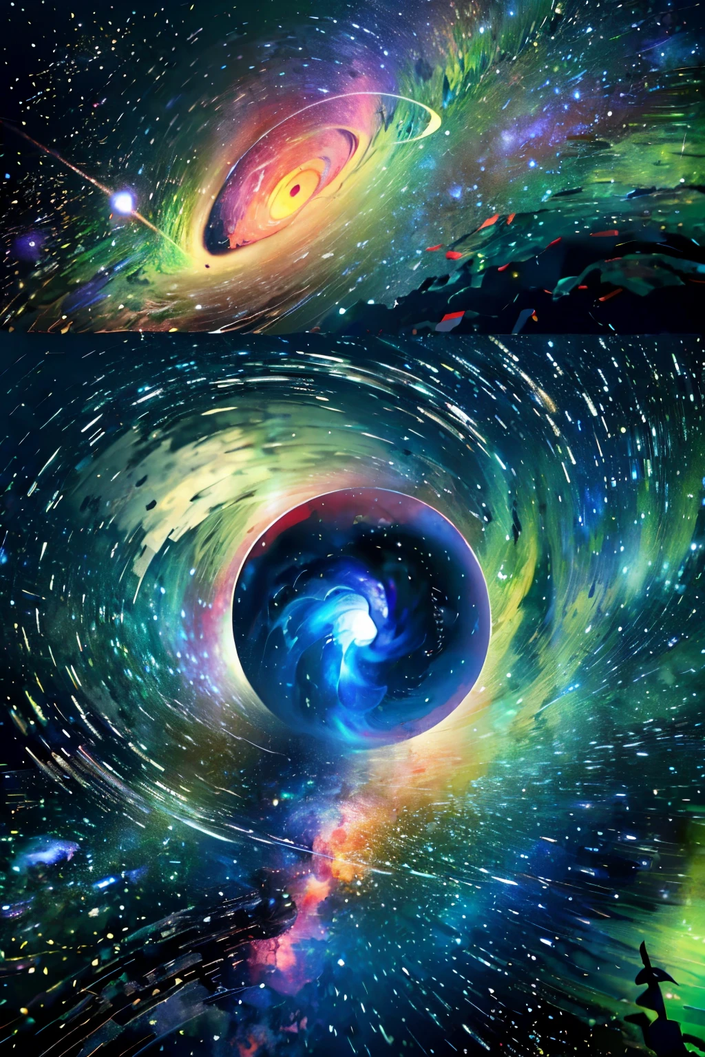(Prompt): A breathtaking masterpiece, (un trou noir de le ciel), a captivating celestial hole, (zoomed out: 1.1), (meteor shower: 1.2), (comet: 1.1), your name, low angle, from behind, Northern Lights, (aroura borealis), swirling in the sky, standing in a field of lush grass, best quality, (tmasterpiece), surrounded by a canvas of twinkling stars, (cloud), colorful, starry, stars, (third prompt): detailed background, radial lines, (un trou noir de le ciel), intricate patterns and swirl