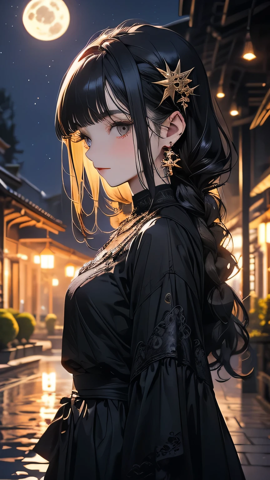 A dark-haired girl walking through a castle garden on a full moon night,One girl,Beautiful attention to detail, Detailed face,