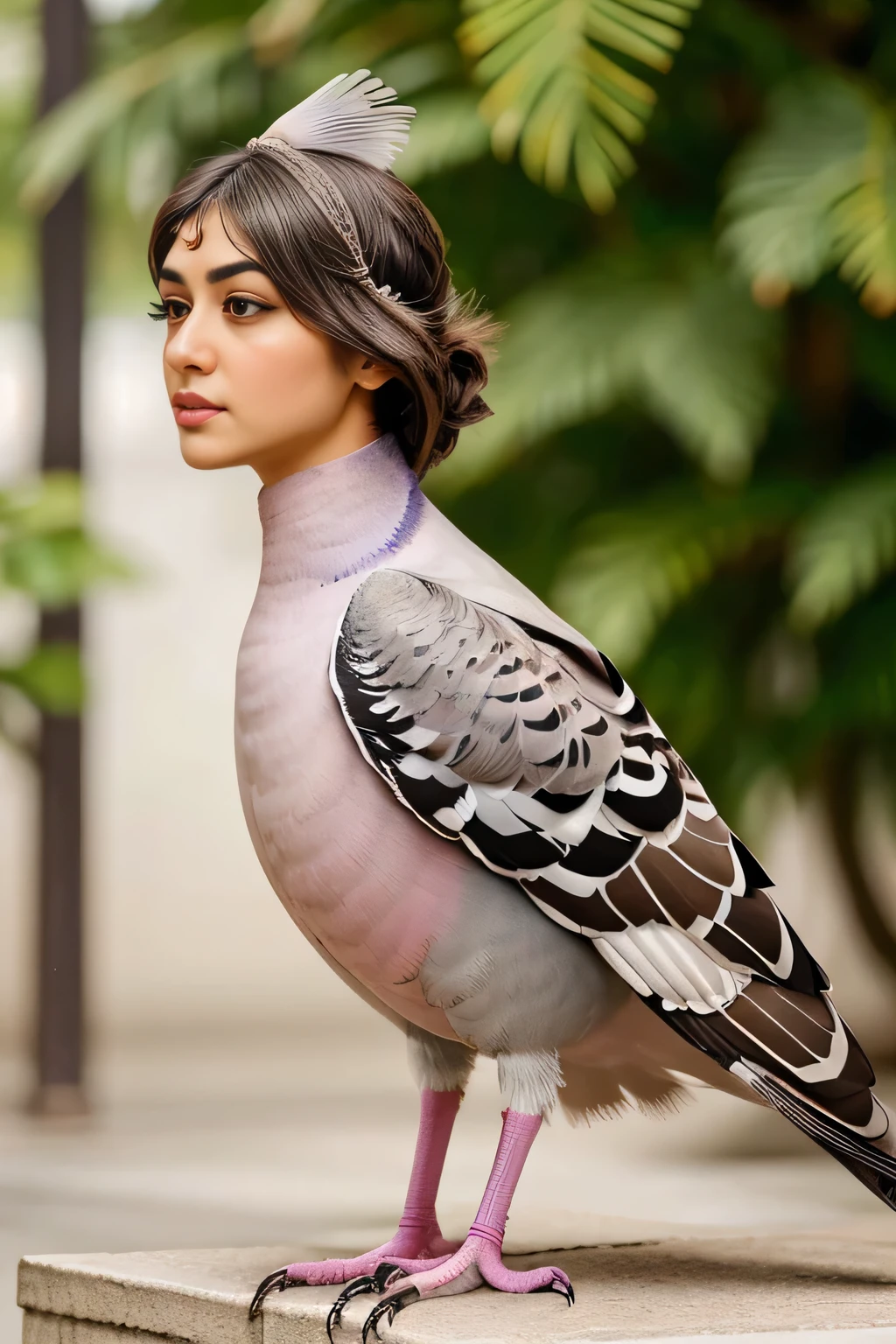 Hansika Motwani is a pigeon bird, She is a bird but her head looks like girl, from neck to full body looks like pigeon bird. Pigeon legs, pigeon wings. Bird body, pigeon body, perfect picture, perfect bird, real bird, Real head replace with real pigeon head. Exact Bird .