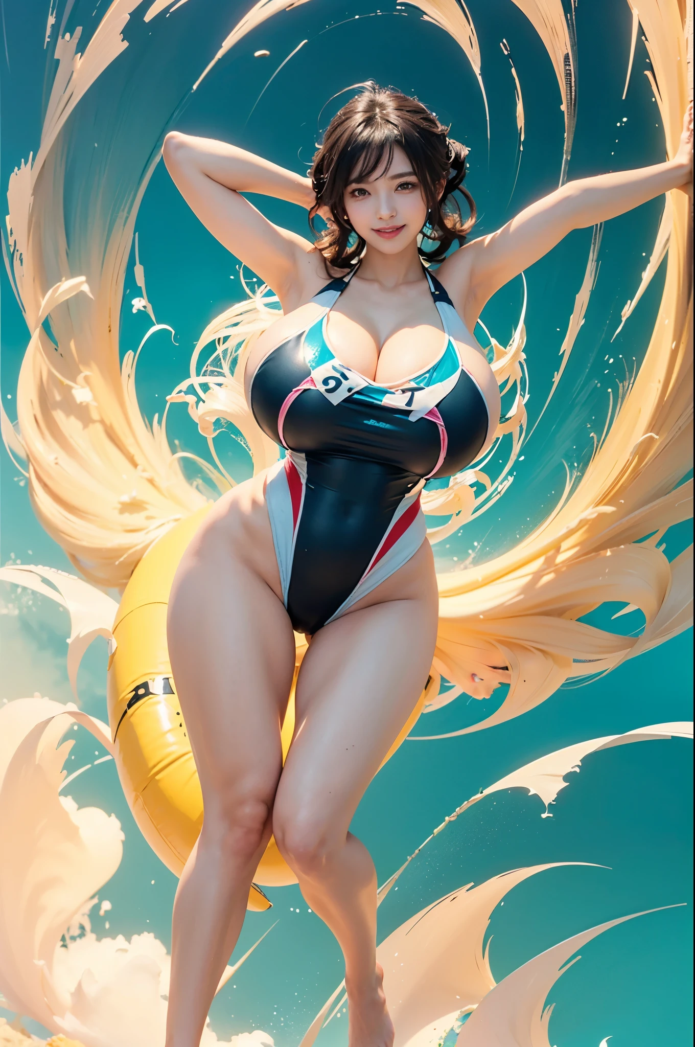 seaside:2.0,((competition swimsuit:2.0)),(((Medium Hair:1.3,Black Hair:1.5))),(Brown eyes:2.0),(From above:1.5), (1 Girl:2.0),(Under the chest:2.0),(Smiling Beam:1.5),((Huge breasts:2.5)),(垂れ下がったHuge breasts:2.5), ((Cleavage:2.0)),((High Leg:2.0), 20-year-old,masterpiece,super high quality, Very detailed,Perfect photo,3d,8K,High resolution,Enchanting anime girl, Sporty hairstyles,Smooth anime CG art, 