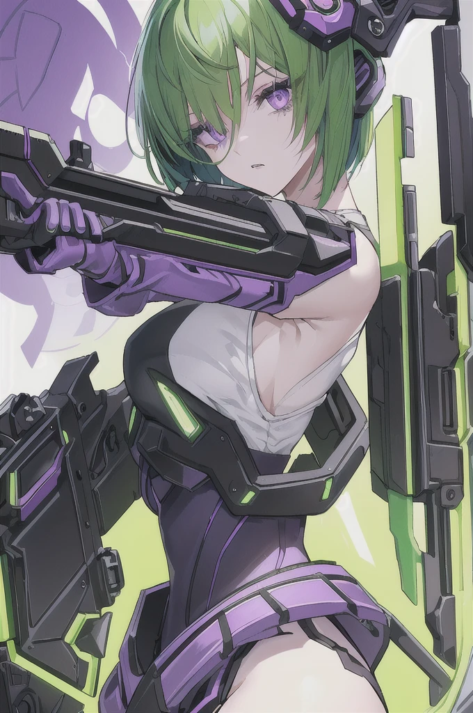 detailed、Slit eyes、Beautiful eyelashes、Purple Eyes、short hair、Green Hair、Upper Body、8K.gun、girl、cyber-clothes、Brave face、Vibrant colors、Strong color scheme、Background Black、Fluffy short bob、No cut-off、Vivid Color