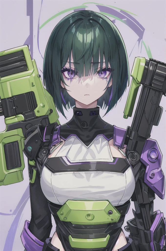 detailed、Slit eyes、Beautiful eyelashes、Purple Eyes、short hair、Green Hair、Upper Body、8K.gun、girl、cyber-clothes、Brave face、Vibrant colors、Strong color scheme、Background Black、Fluffy short bob、No cut-off、Vivid Color