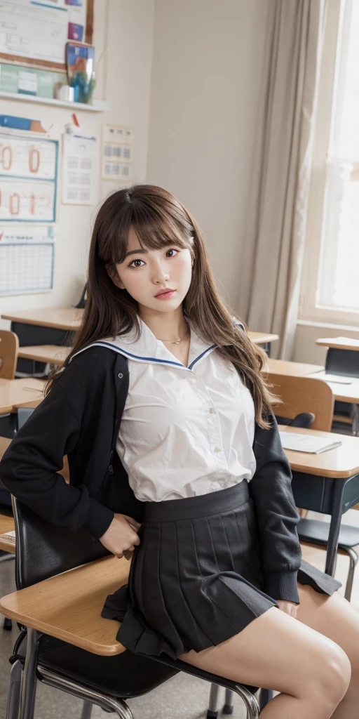 ((masterpiece, best quality)),best aesthetic,1girl, , desk, sitting, school desk, brown hair, classroom, long hair, indoors, chair, looking at viewer, :p, solo focus, brown eyes, skirt, long sleeves, pencil, 1 boy, pencil case, paper, black serafuku, multiple girls, pleated skirt, sailor collar, bangs, headrest, school bag, school chair