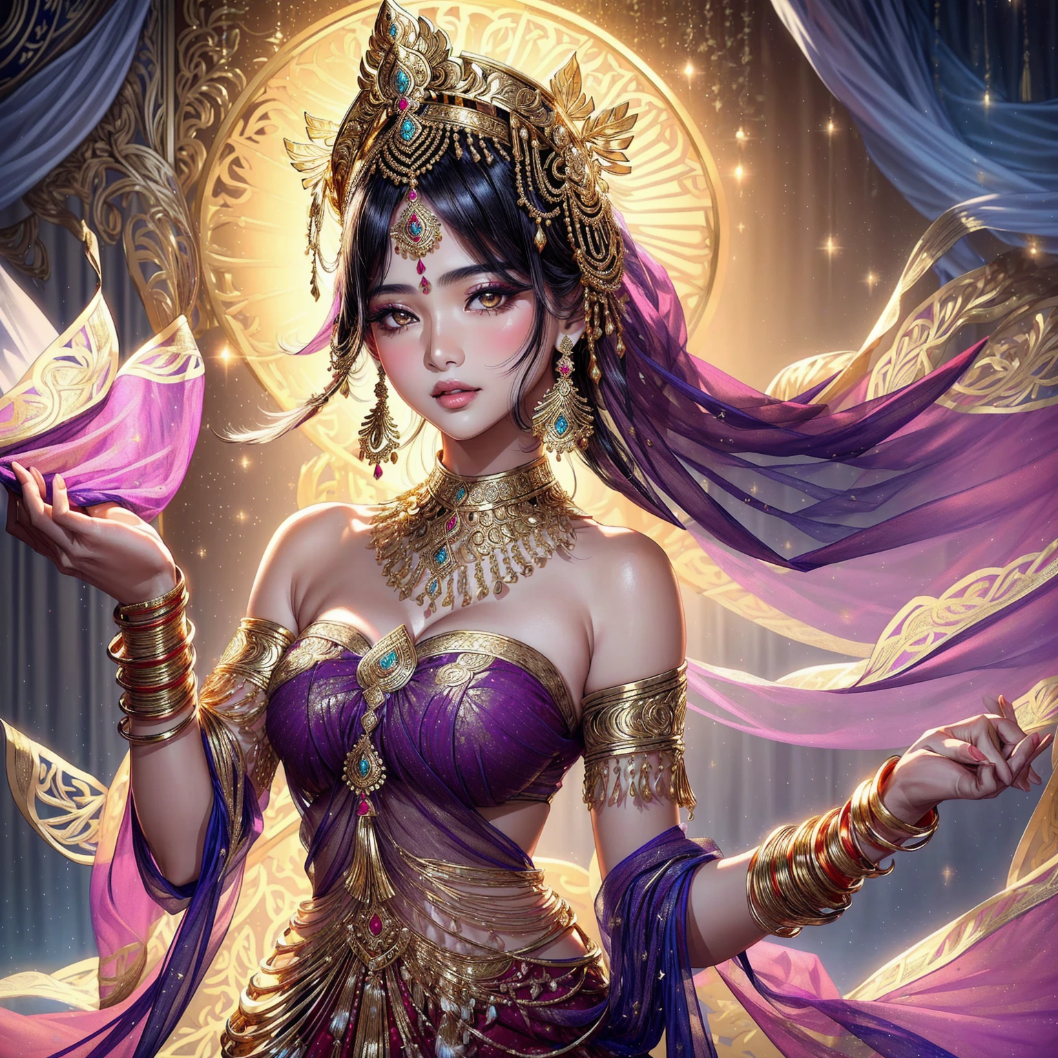 beautiful detailed eyes, beautiful detailed lips, extremely detailed eyes and face, long eyelashes, 1girl, beautiful indian goddess, transparent open black sari, dynamic pose, god's crown, lion standing nearby, colorful, eye-catching, heavenly, best quality, 4k, 8k, highres, masterpiece:1.2, ultra-detailed, realistic, photorealistic, photo-realistic:1.37, HDR, UHD, studio lighting, ultra-fine painting, sharp focus, physically-based rendering, extreme detail description, professional, vivid colors, bokeh