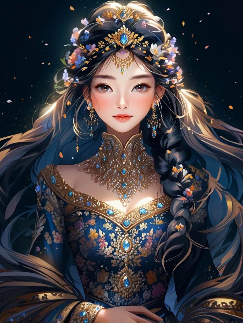 a close up of a woman in a ornate dress with flowers in her hair, trending on cg society, fantasy art, ((a beautiful fantasy empress)), a beautiful fantasy empress, anime goddess, gilded lotus princess, 8k high quality detailed art, portrait fine art, beautiful and elegant queen, beautiful celestial mage, flowers, lavish.