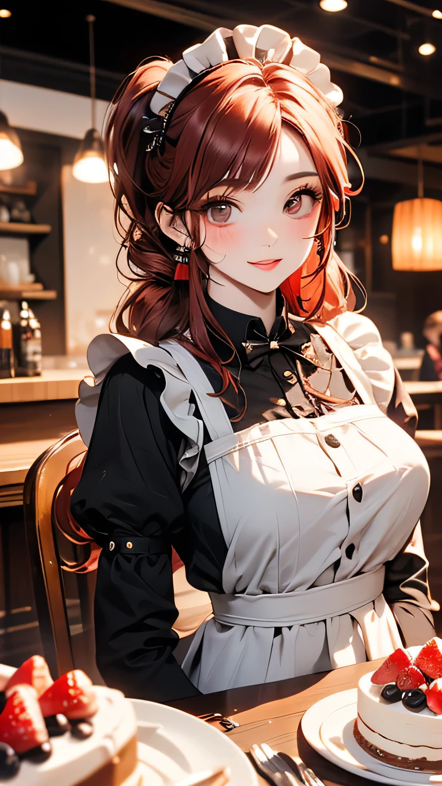 ((masterpiece,Highest quality)),The place is a coffee shop,One girl,Beautiful attention to detail, Detailed face, The waitress is bringing the cake to the table, Red hair twin tails, Kind Face, A strawberry-inspired half-gothic ta and half-maid costume, White-based clothing,