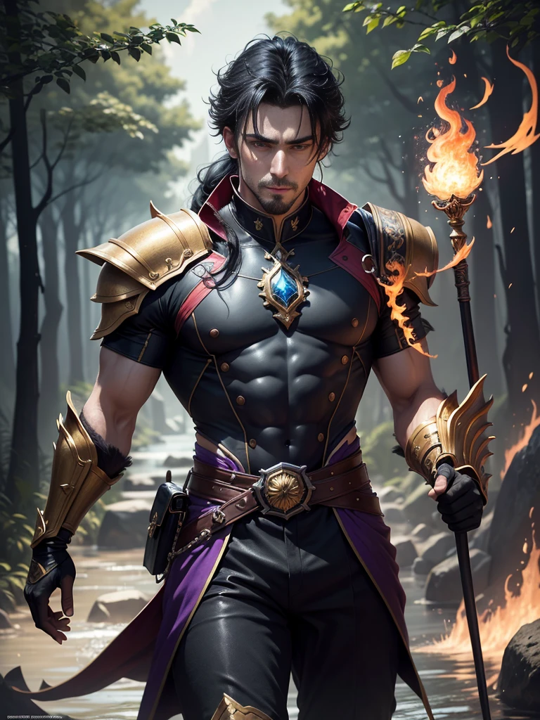 8K,Photorealsitic, Raw photography, top-quality;1.4) ,　(One adult male),　Super handsome without a beard,　(Lifelike face),　blue-black hair,　Handsome prince with glowing purple eyes,　Black and silver aristocratic exterior,　Black and gold trousers,　Golden decoration,　glares,　holding a staff,　Wearing black leather gloves,　Ruins,　Gwaitz style,　realisitic,　Precise details,　unrealengine,　Beautiful expression,　Details of each part,　A red fireball glows in the palm(effect),　超A high resolution,　A hyper-realistic,　attractive male,　Foot Armor,　real looking skin,　Fantasy Emperor,　Handsome man, wind magic, water magic, forest at night, hair with ponytail, goatee,