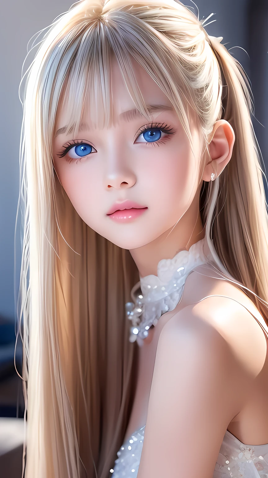 Portrait、、Bright expression、ponytail、Young, lustrous, glowing, white skin、Cheek highlight、The best beauty、Clear, silky blonde hair with dazzling highlights、Shiny bright hair,、Super long silky straight hair、Shiny beautiful bangs、Big bright blue eyes like sparkling jewels、Very beautiful lovely cute girl、Ample Bust