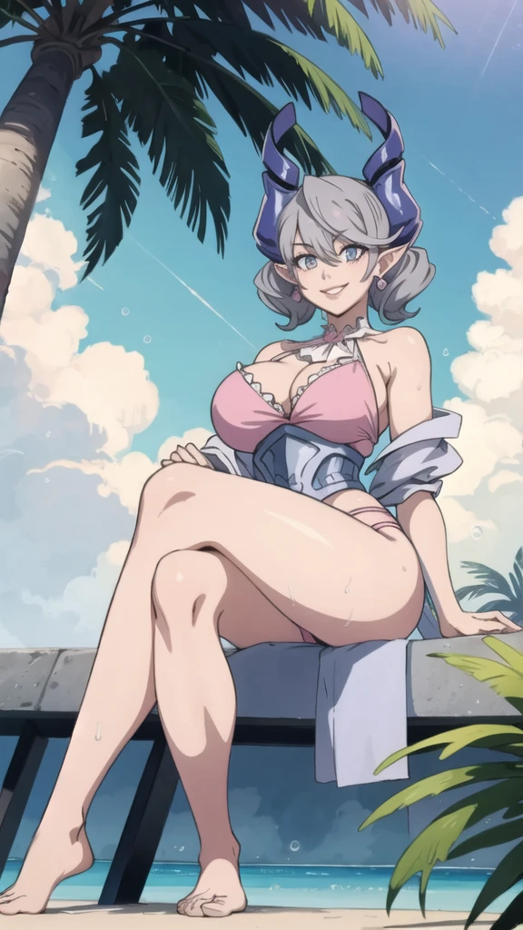 Arms over hips High level image quality best image quality 8K adult woman pool party rain palm trees more colors whole body view portrait bikini pink horn ears short hair((shortcut)(gray hair)(perm)(fluffy)) eye color is blue , , attractive evil face , smile , sexy pose , labrynth , barearm , wearing pink robe , crossed legs , all wet , view from below
