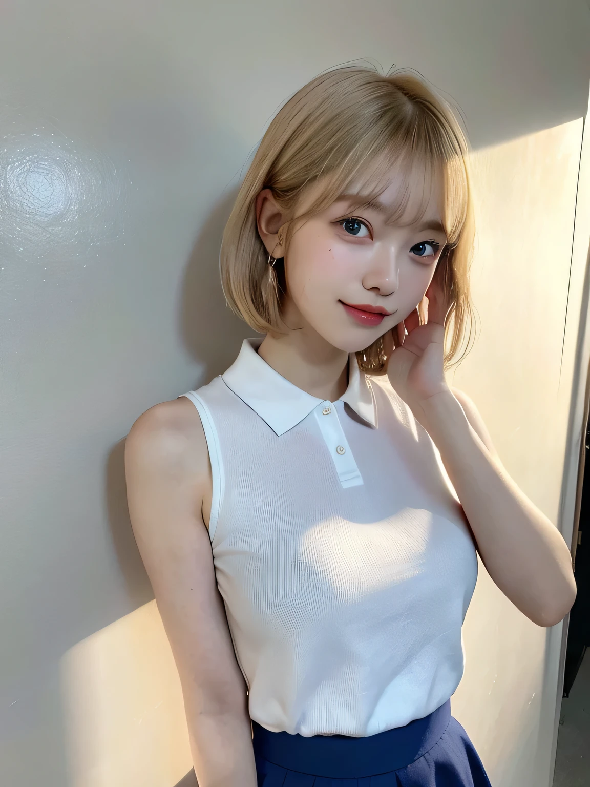 One person、、Full body photo,slender、woman、White drool coming out of the mouth、smile、、Blonde、Short Bob、 Fair skin, messy hair, super cute、Soft and Face、8K resolution、Surreal、Ultra high definition、 A-cup small breasts((Highest resolution、8K、masterpiece:1.3))、Ultra-fine face、Ultra Fine Lips、Beautiful Eyes、double eyelid,Light blue wall、A sleeveless white polo shirt with a collar、thin体、Pink Skirt、Thighs、thin,Thighsが見える、Shapely small breasts、sexy、So cute!