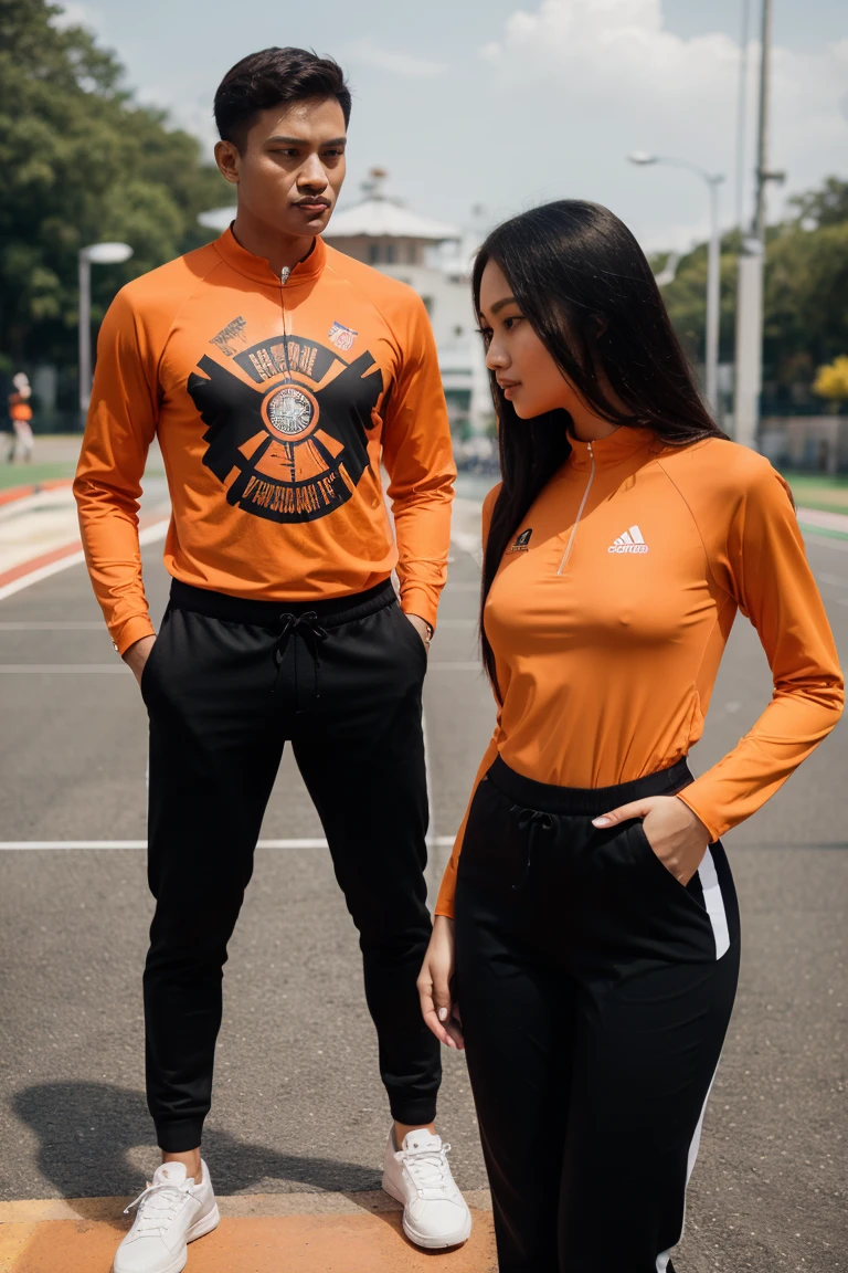 Malay girl and man, Olympic wear set, smart orange and black Olympic wear , super cool designs outfit , long pants , aesthetic outfits design , black line design on orange color shirt and black color pants