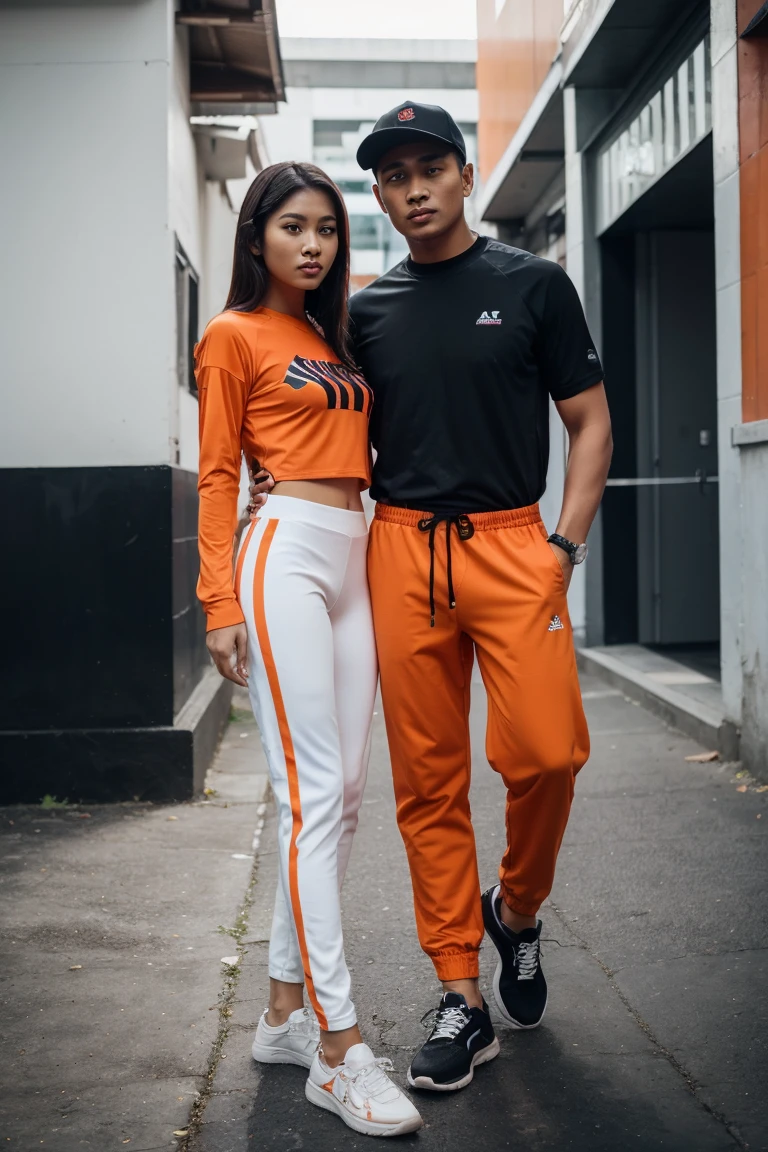 Malay girl and man, Olympic wear set, smart orange and black Olympic wear , super cool designs  outfit , long pants  , aesthetic outfits design , black line design on orange color shirt and black color pants 