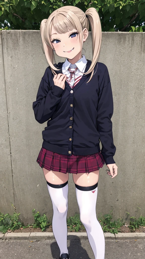 1girl,,(petite),outdoor,uniform,cardigans,miniskirt,looking viewer,(smirk),thighhighs,shoes,twintail,(Gyaru)