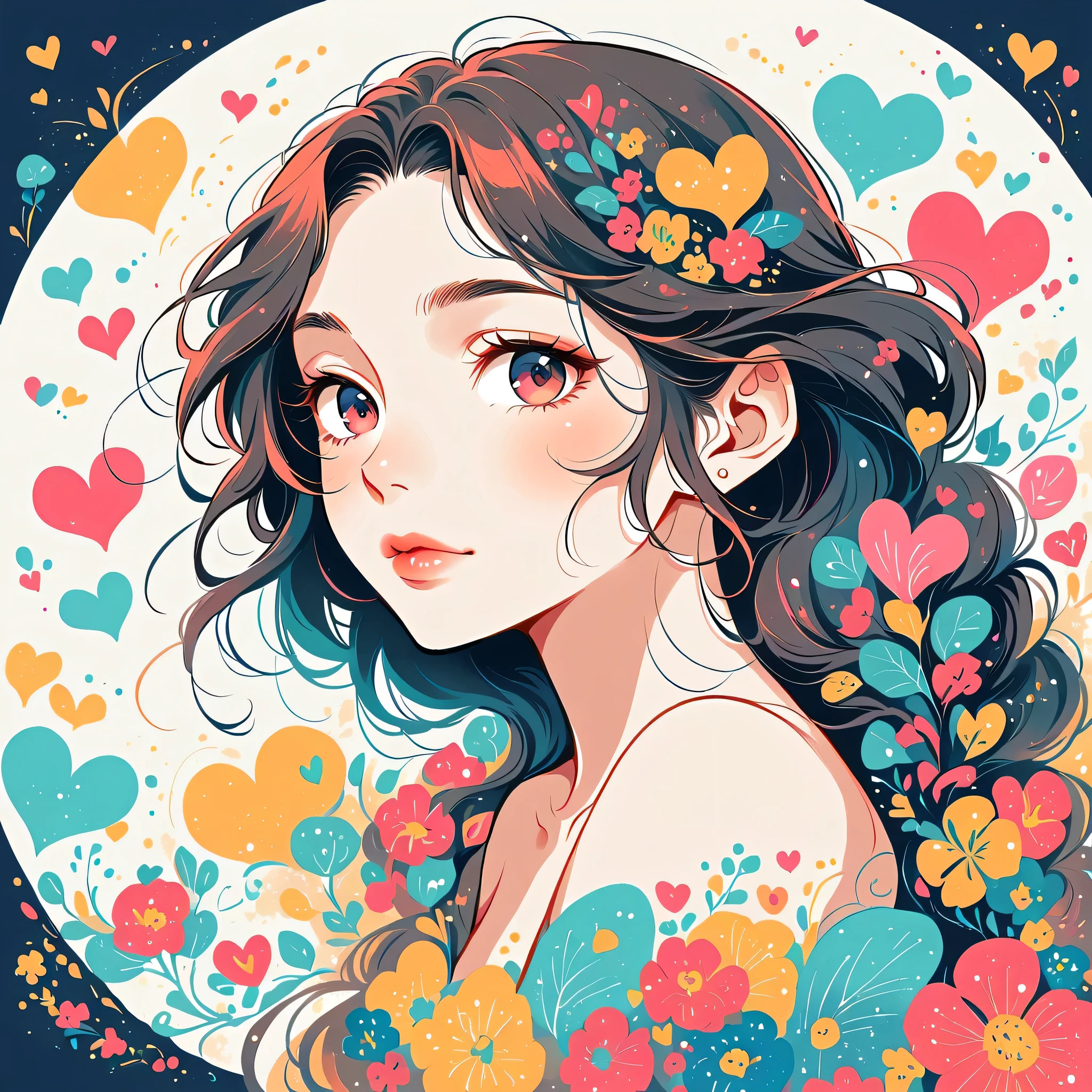 Ai Yazawa style, Simple Line Initialism，Abstract art, colorful hearts ,colorful hearts, (((The most beautiful girl of all time))), Space Travel, Cute and colorful amoeba, Lips in love