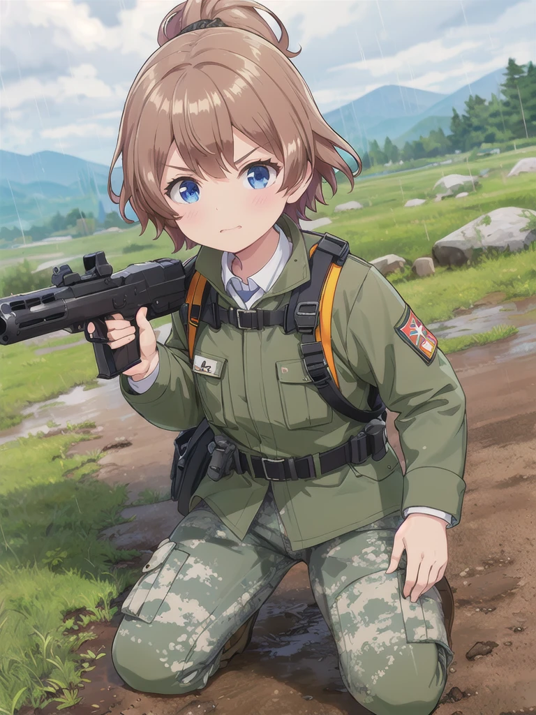 high quality,masterpiece,************,blue eyes,Outdoor,顔 focus,Brown Hair, short hair, ponytail,Military camouflage uniform,Green helmet,heavy rain,In the mountains,cloudy,Muddy clothes,He has a gun,Crawling on the ground,Point the gun this way,serious,Ruthless eyes,Intense gunfight,((Massive explosion)),A lot of black smoke,