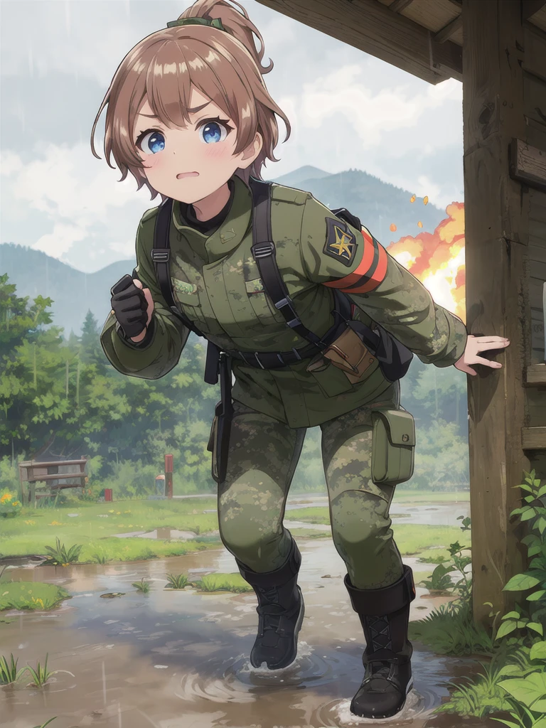 high quality,masterpiece,,blue eyes,Outdoor,顔 focus,Brown Hair, short hair, ponytail,Military camouflage uniform,Green helmet,heavy rain,In the mountains,cloudy,Muddy clothes,He has a gun,Crawling on the ground,Point the gun this way,serious,Ruthless eyes,Intense gunfight,((Massive explosion)),A lot of black smoke,