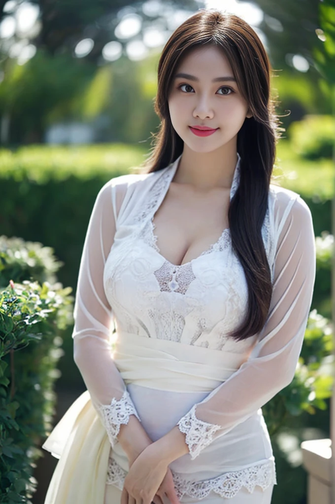 8k, best quality, Medium close-up, (white kebaya )、(luxury kebaya ),(top-quality,masterpiece:1.3,超A high resolution,),(ultra-detailliert,Caustics),(Photorealsitic:1.4,RAW shooting,)Ultra-realistic capture,A highly detailed,high-definition16Kfor human skin, Cute and lovely Korean girl, realistic, ultra detail, photo realistic, Increase quality,
standing in a garden with a scarf, garden, (large breast), (cleavage ), close-up shot, mouth,dark-haired, long hair, (depth of fields、chromatic abberation、Wide range of lighting、Natural Shading、)、(Exterior light at night:1.4)、(Hair swaying in the wind:1.2).,bare breast