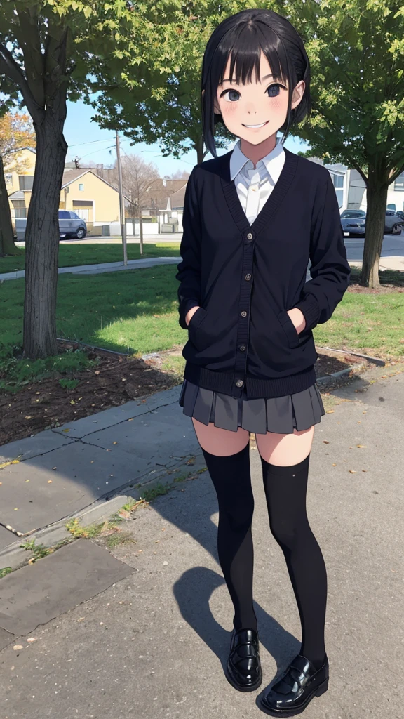 1girl,,(petite),outdoor,uniform,cardigans,miniskirt,looking viewer,(smirk),thighhighs,shoes