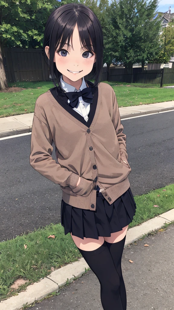 1girl,,(petite),outdoor,uniform,cardigans,miniskirt,looking viewer,(smirk),thighhighs,shoes
