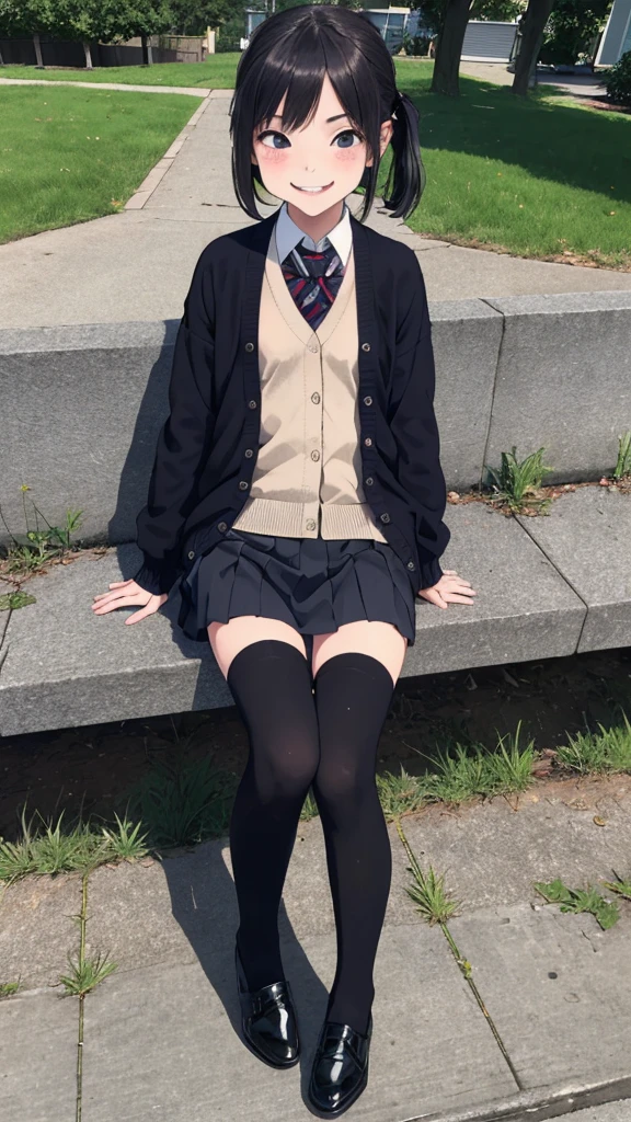1girl,,(petite),outdoor,uniform,cardigans,miniskirt,looking viewer,(smirk),thighhighs,shoes