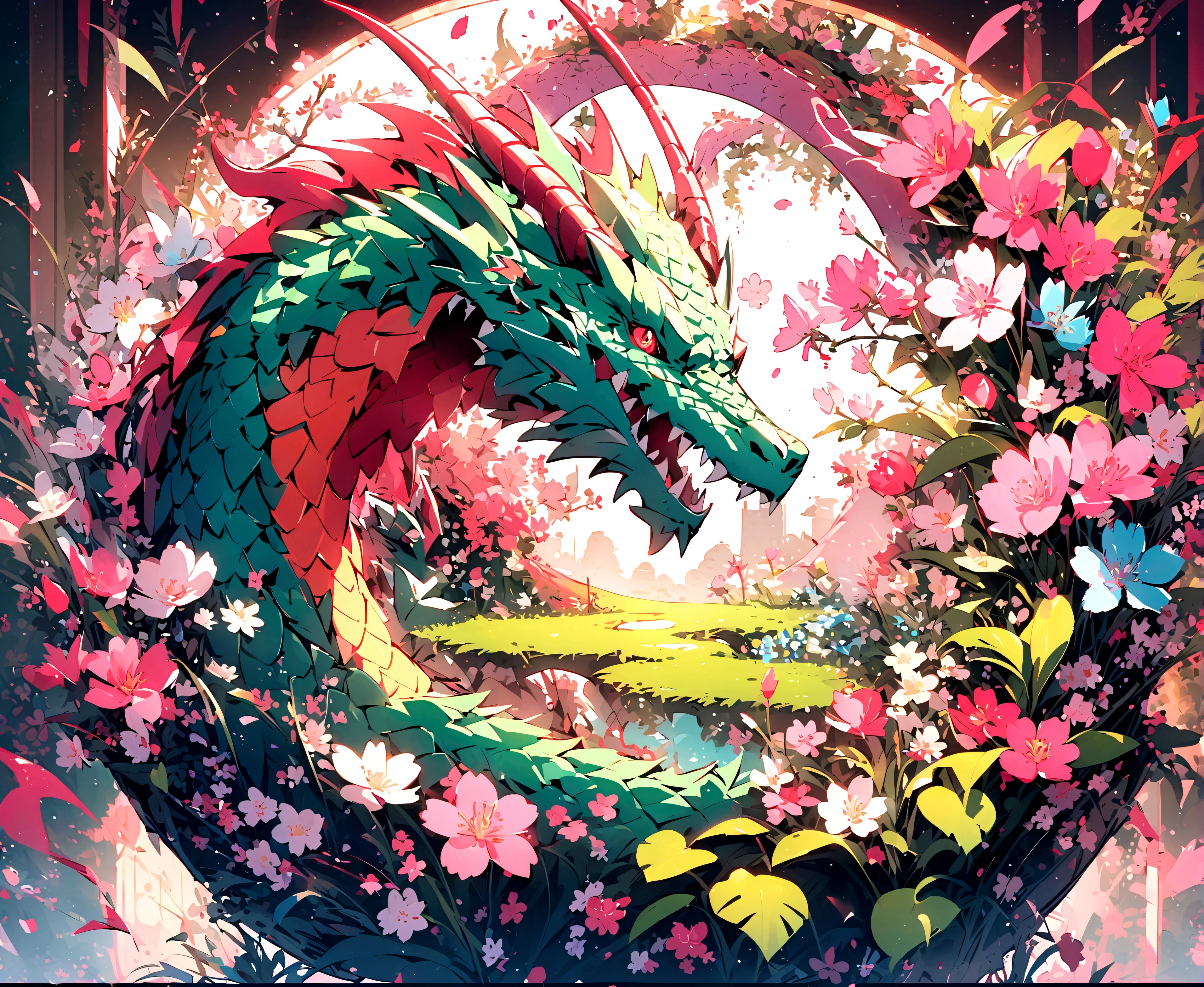 Dragon Cherry Blossom、Dragon with flowers and grasainly fruits and flowers、Pink Green Dragon、