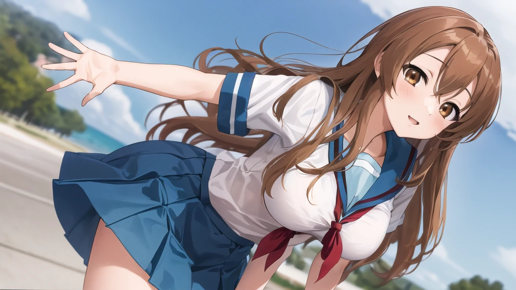 Main 1, One girl, asahina mikuru, Long Hair, high income , alone, blue Sailor collar, Sailor collar, Seraphim, blue skirt, skirt, Short sleeve, Red ribbon, Large Breasts, Cowboy Shot, wave hands, Outdoor, Leaning forward,