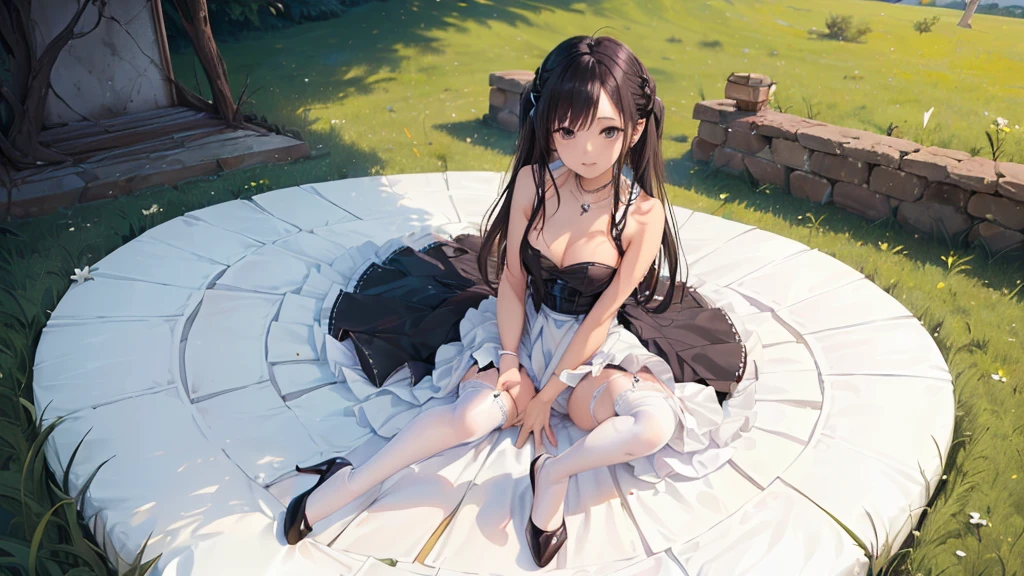 ((Biologically correct limb count))、(( From head to toe、Full-body photo including face))、4K、((Standing position))、masterpiece、((Focus on the face))、((Symmetrical facial features))、Eyes with detailed description、Beautiful woman、Great style、Beautiful arms、Beautiful legs、Beautiful Hands、(Small Ass、Thin thighs)、Facial detailing、Small earrings、necklace、(Black Shiny Gothic Dress、((High heels、White garter stockings)))、Black Hair、((Alluring))、Looking up、Sit with your legs stretched out on the grass、