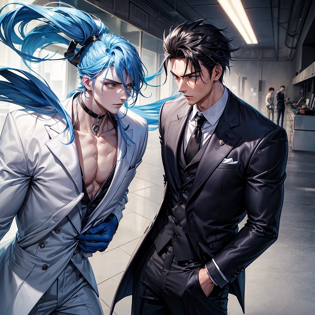 *Physical Appearance:*
- Hair: Blue, stylishly messy, and falls to his shoulders
- Eyes: Wide, piercing blue, and almond-shaped
- Nose: Attractive, slightly pointed, and proportional to his other facial features
- Body: Muscular, lean, and athletic, with broad shoulders and a chiseled chest
- Height: 6'1" (185 cm)
- Weight: 170 lbs (77 kg)
- Attire:
- Black suit with a fitted jacket and trousers
- White dress shirt with a slim collar
- Black tie with a subtle pattern
- Black dress shoes with a polished finish