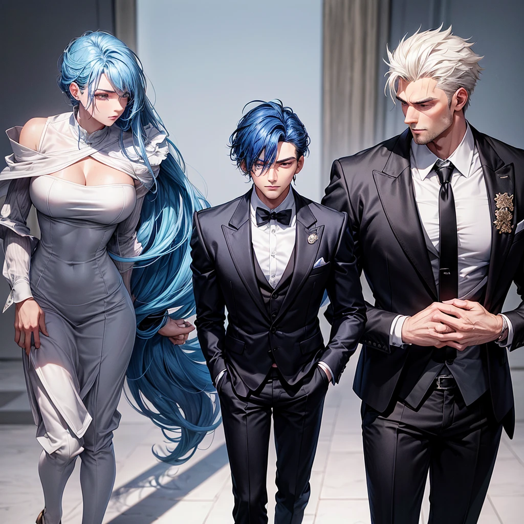 
*Physical Appearance:*

- Hair: Blue, stylishly messy, and falls to his shoulders
- Eyes: Wide, piercing blue, and almond-shaped
- Nose: Attractive, slightly pointed, and proportional to his other facial features
- Body: Muscular, lean, and athletic, with broad shoulders and a chiseled chest
- Height: 6'1" (185 cm)
- Weight: 170 lbs (77 kg)
- Attire:
    - Black suit with a fitted jacket and trousers
    - White dress shirt with a slim collar
    - Black tie with a subtle pattern
    - Black dress shoes with a polished finish

