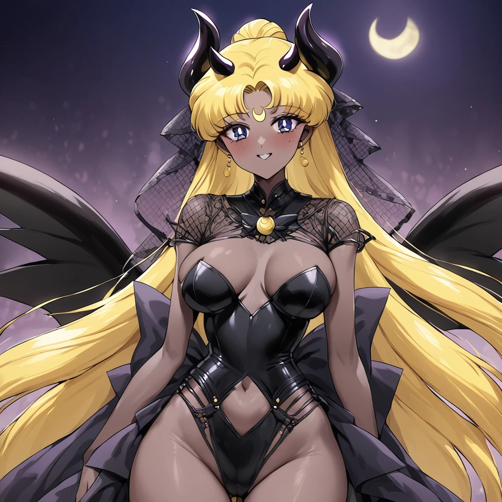 ((Highest quality)), ((masterpiece)), (detailed), (Perfect Face)、The woman is the dark queen of the Black Moon clan, the demon queen Princess Serenity, and the woman is the jet-black, sexy demon princess Serenity.、The woman is a jet-black female demon with magnificent devil horns, jet-black devil wings, and a jet-black tail. Her skin is jet-black, and she has a black inverted crescent moon mark on her forehead. She is a devil bride wearing a gorgeous black Gothic Victorian wedding dress and a black wedding veil. She is the jet-black demon Princess Serenity, and has blonde hair with a happy expression as she looks at the camera.2The expression of a girl in love with her long hair tied up、She is Princess Serenity、Punishment pose on behalf of the moon