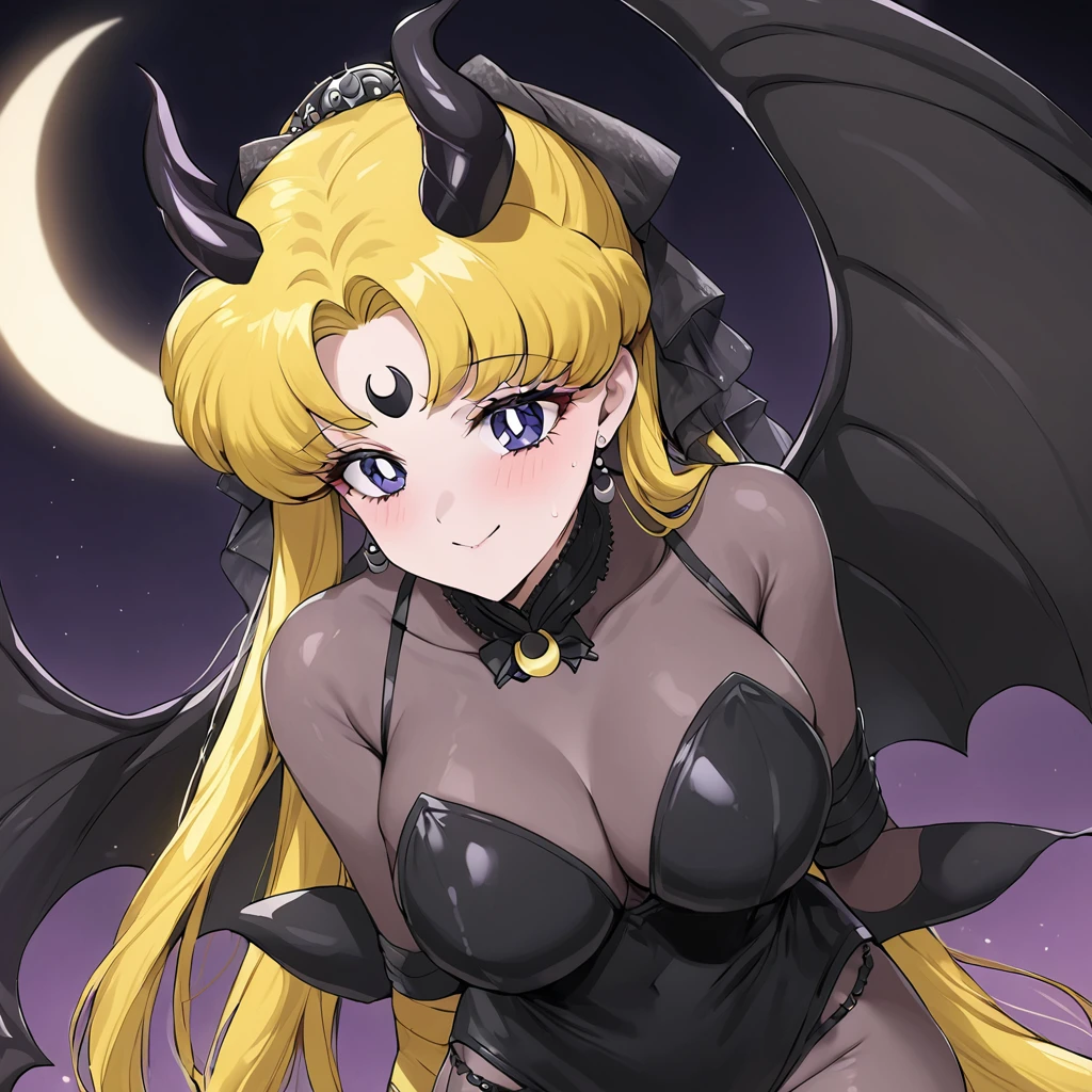 ((Highest quality)), ((masterpiece)), (detailed), (Perfect Face)、The woman is the dark queen of the Black Moon clan, the demon queen Princess Serenity, and the woman is the jet-black, sexy demon princess Serenity.、The woman is a jet-black female demon with magnificent devil horns, jet-black devil wings, and a jet-black tail. Her skin is jet-black, and she has a black inverted crescent moon mark on her forehead. She is a devil bride wearing a gorgeous black Gothic Victorian wedding dress and a black wedding veil. She is the jet-black demon Princess Serenity, and has blonde hair with a happy expression as she looks at the camera.2The expression of a girl in love with her long hair tied up、She is Princess Serenity、Punishment pose on behalf of the moon
