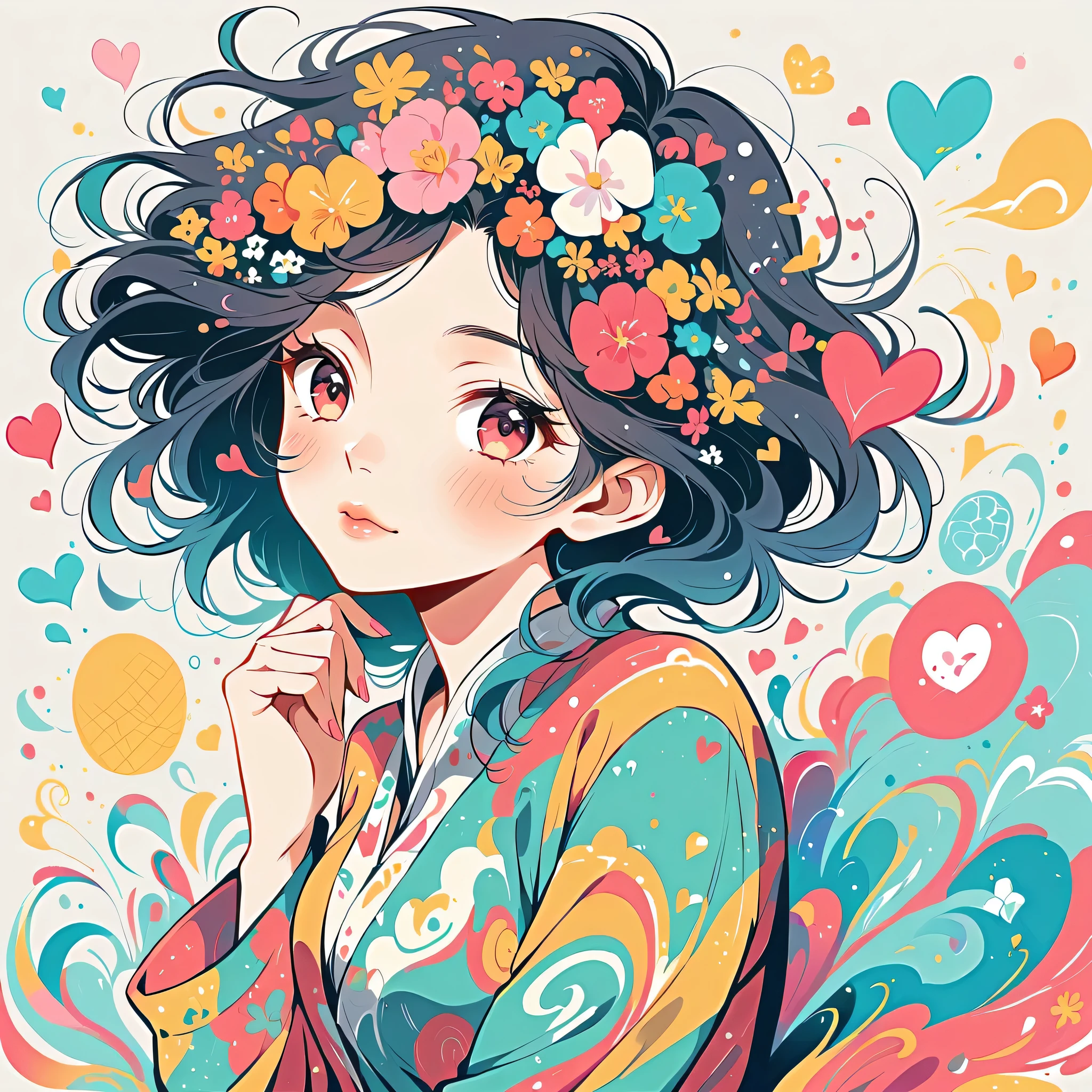 Ai Yazawa style, Simple Line Initialism，Abstract art, colorful hearts ,colorful hearts, (((The most beautiful girl of all time))), Space Travel, Cute and colorful amoeba, Lips in love