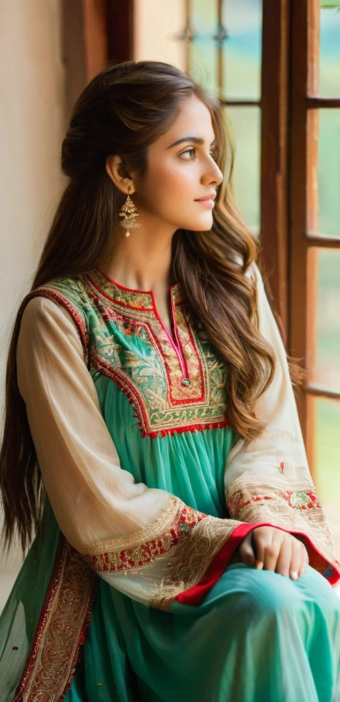 A young, beautiful girl sits gracefully by a window, enveloped in soft, natural light. She wears a traditional Pakistani dress, its intricate embroidery and vibrant colors reflecting her cultural heritage. Her hair falls gently over her shoulders as she gazes thoughtfully outside, embodying a serene and elegant presence.