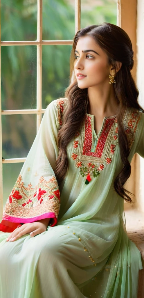 A young, beautiful girl sits gracefully by a window, enveloped in soft, natural light. She wears a traditional Pakistani dress, its intricate embroidery and vibrant colors reflecting her cultural heritage. Her hair falls gently over her shoulders as she gazes thoughtfully outside, embodying a serene and elegant presence.