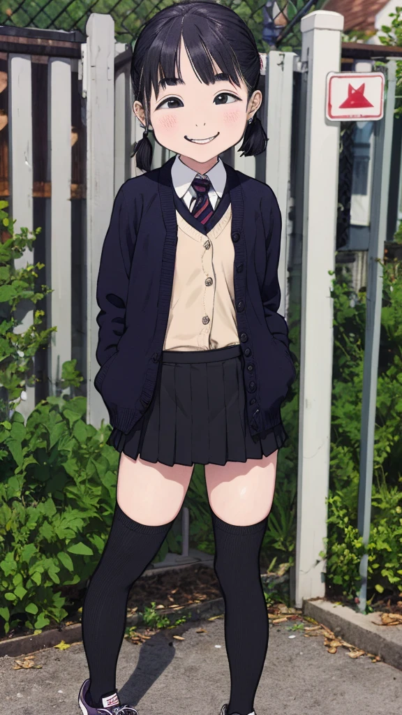 1girl,6,(pee),outdoor,uniform,cardigans,miniskirt,looking viewer,(smirk),thighhighs,shoes,(thigh)