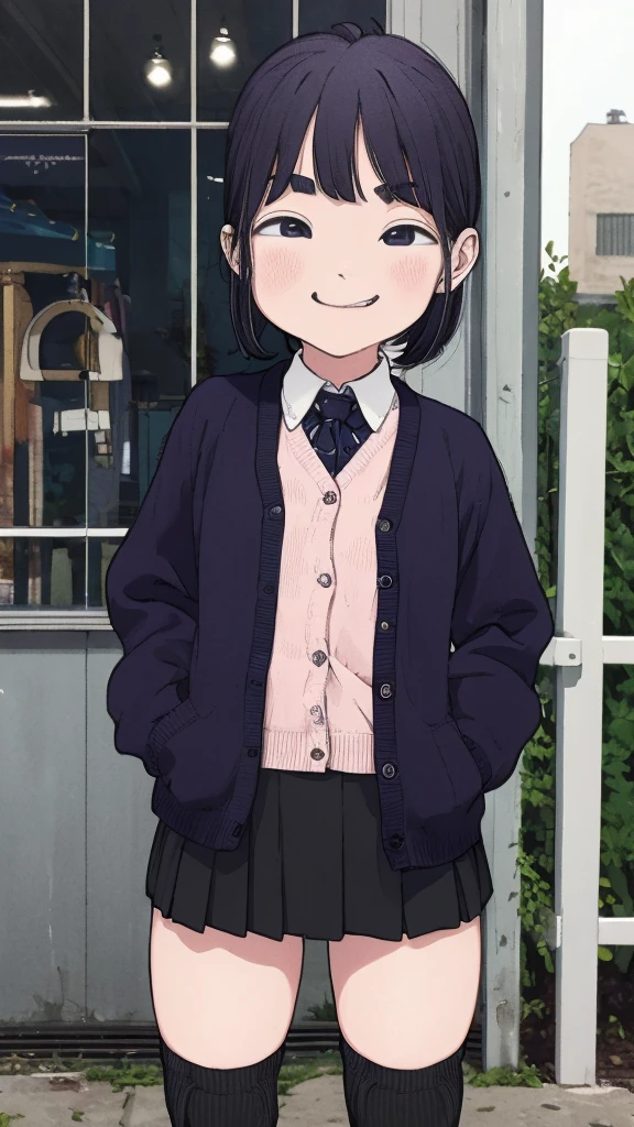 1girl,6yo,(petite),outdoor,uniform,cardigans,miniskirt,looking viewer,(smirk),thighhighs,shoes