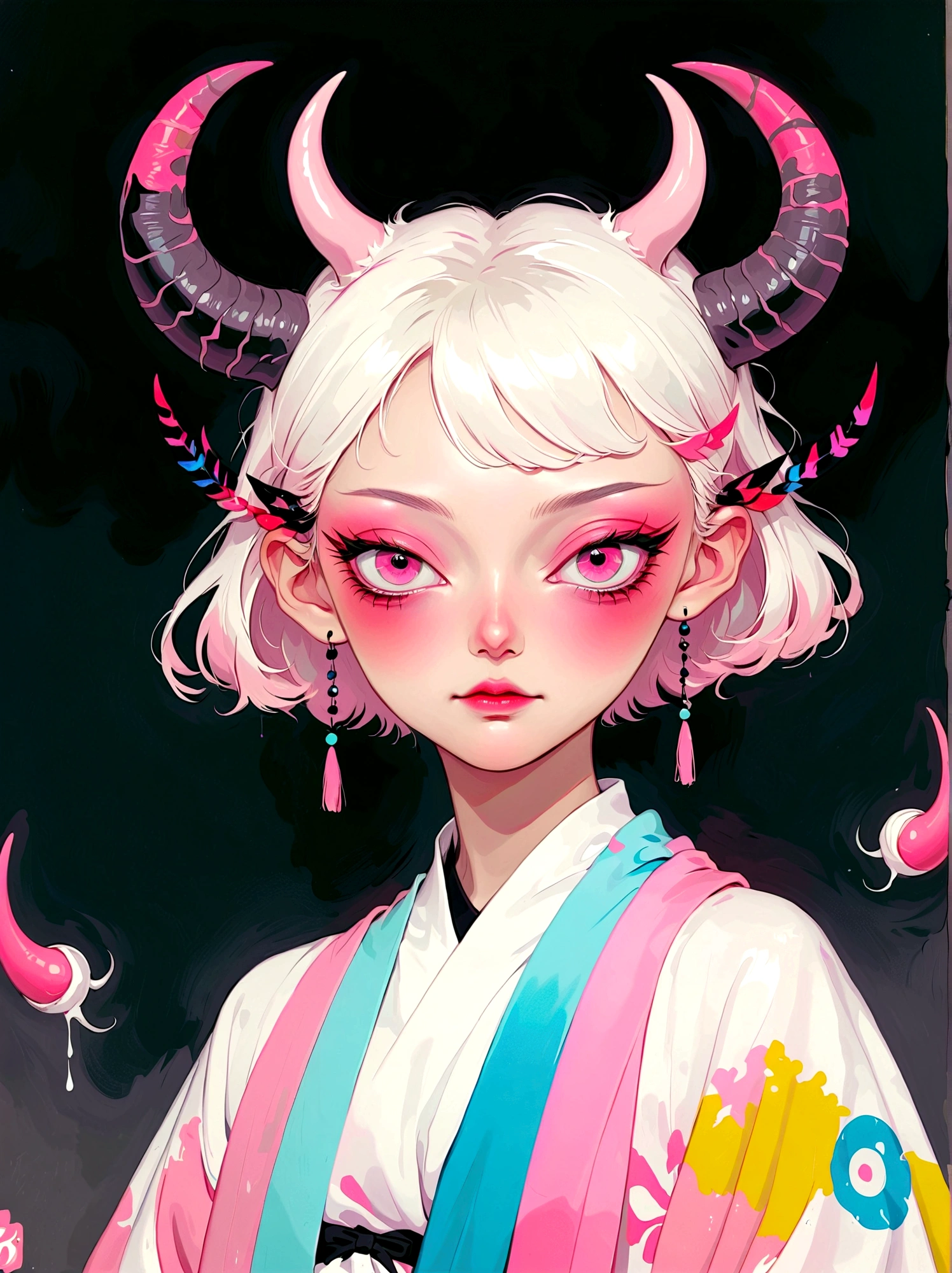 Girl with pink horns on her head，Pink eyes，Phosphor，Neat short hair，Japanese horror style Japanese pop surrealism, author：Yukika Kosaka, Nguyen Gia and Joao Nguyen, 
