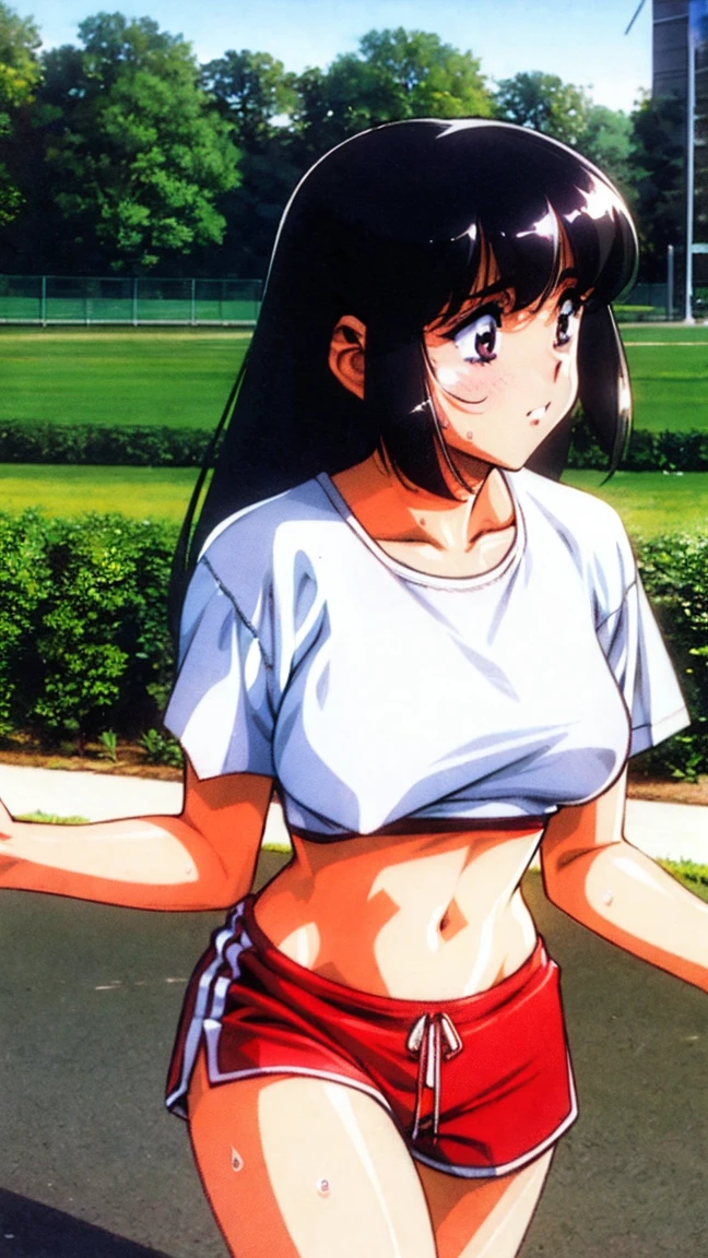Exercise and sweat、(towel)、(Illustration of a woman wiping sweat)。T-Shirts、Shorts。slender、Adult women。(8Life size)。Run、running、garden。