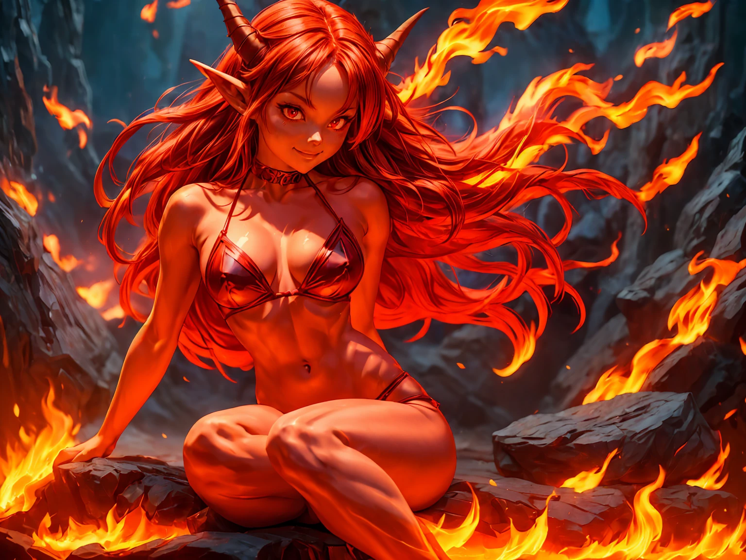 solo, 1girl, ((best quality)), ((masterpiece)), (detailed), 4k, very small red goblin girl, red skin, pointy ears, long straight red hair on fire, pleased expression, bright red eyes, wearing red and black bikini, small horns on head, sexy, cute, sitting, legs spread, seductive, dynamic pose, cinematic still