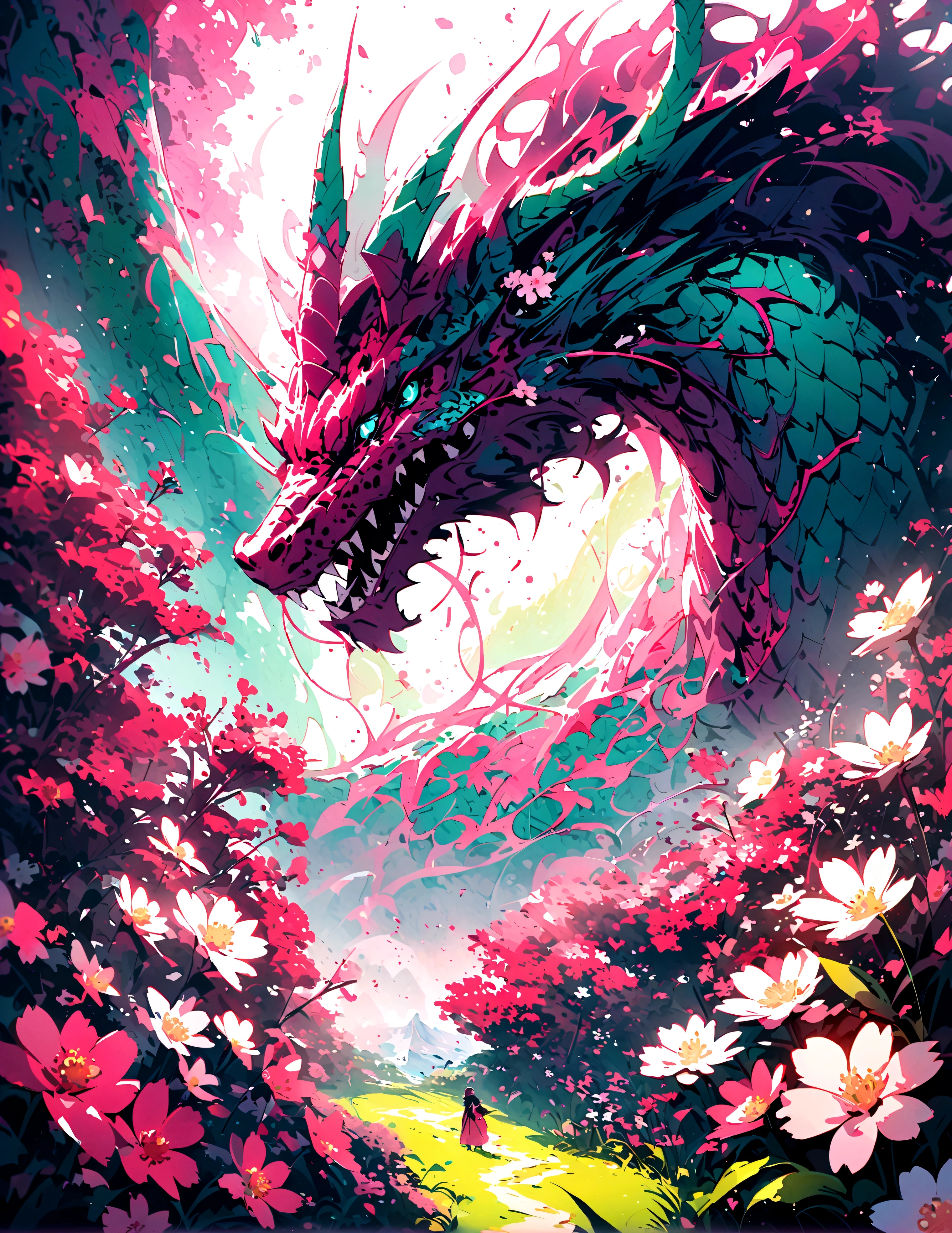 Dragon Cherry Blossom、Dragon with flowers and grass、Mainly fruits and flowers、Pink Green Dragon、