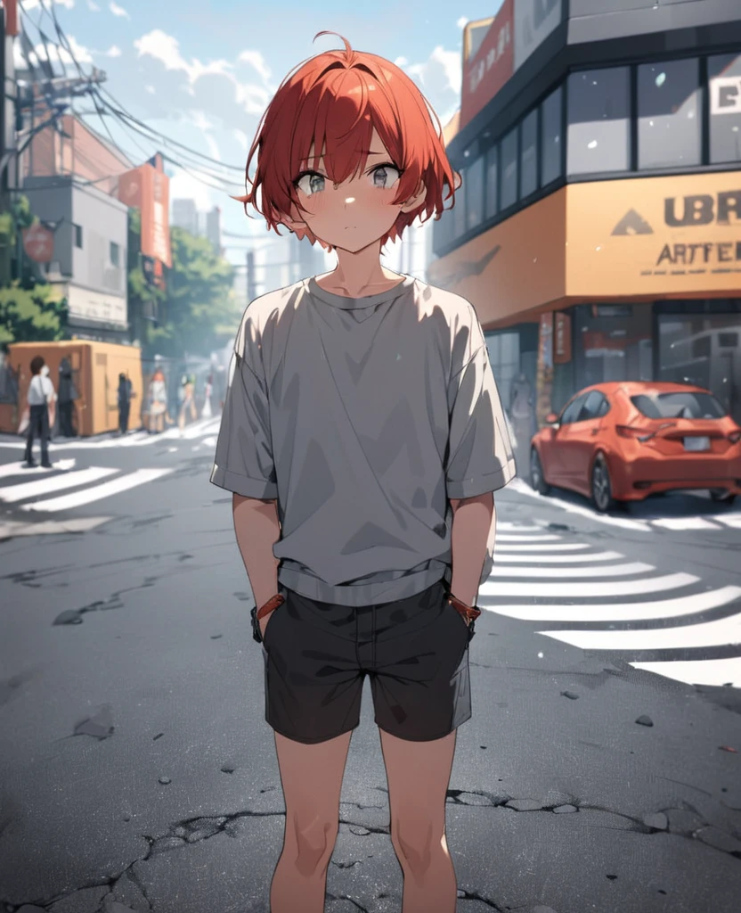 1 young man、Redhead、Hairstyle、Shortcuts、Grey Eyes、Droopy eyes、Casual clothing、whole body、Are standing、Outdoor、asphalt, Redhead, short hair, Hair Ribbon, Hair Ribbon、First Person View, Ultra-high resolution, Super detailed, Attention to detail