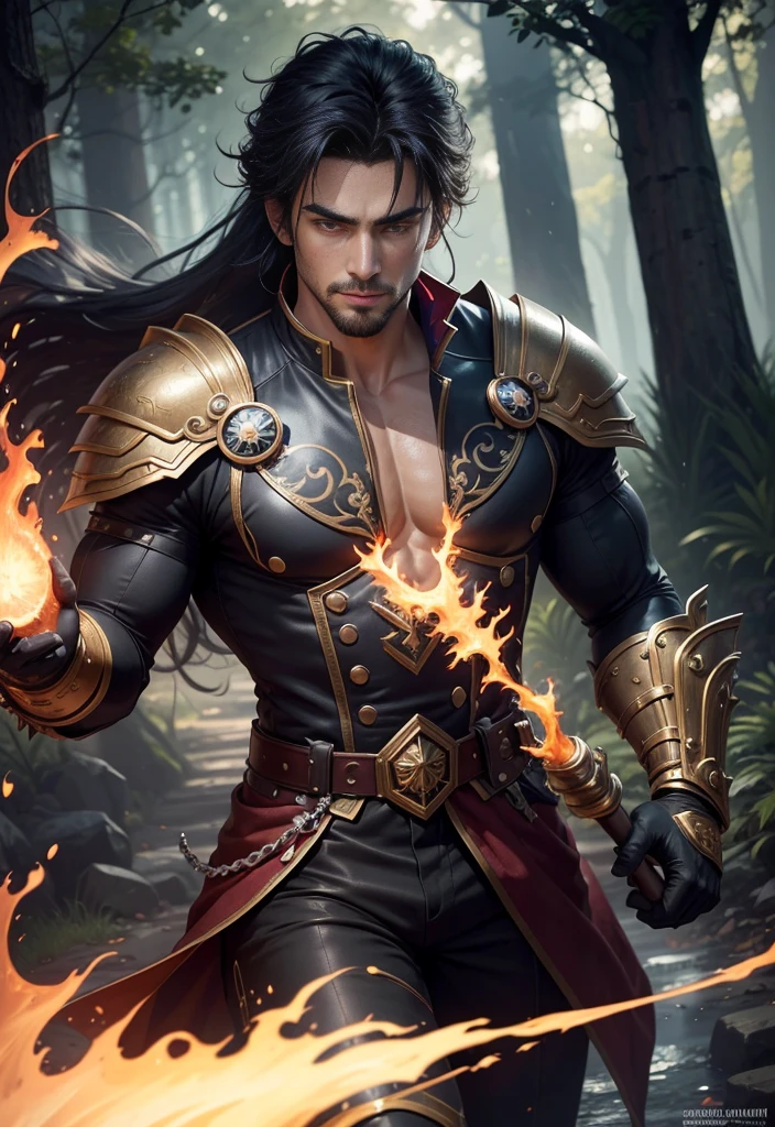 8K,Photorealsitic, Raw photography, top-quality;1.4) , (One adult male), Super handsome without a beard, (Lifelike face), blue-black hair, Handsome prince with glowing purple eyes, Black and silver aristocratic exterior, Black and gold trousers, Golden decoration, glares, holding a staff, Wearing black leather gloves, Ruins, Gwaitz style, realisitic, Precise details, unrealengine, Beautiful expression, Details of each part, A red fireball glows in the palm(effect), 超A high resolution, A hyper-realistic, attractive male, Foot Armor, real looking skin, Fantasy Emperor, Handsome man, wind magic, water magic, forest at night, hair with ponytail, goatee,